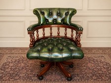 Vintage Green Leather Chesterfield Captain’s Swivel Office Desk Chair Mahogany