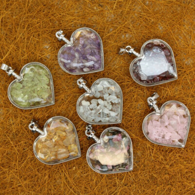 Wholesale 7pcs Natural Mixed Stone Heart Bead Amulet Luck Pendant 32x40mm