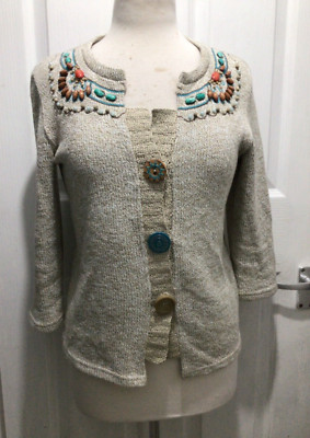 M&S Y2K Per Una Verzierte Strickjacke M 12-14 Ausgefallen Perlen Boho Hippie Festival Beige
