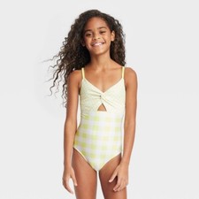    Cat  Jack GINGHAM CHECKERED Yellow Green One Piece Swim Suit - Girl  s Small