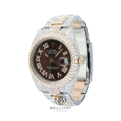 Rolex Datejust II 41mm 126333 Chocolate Roman Dial Iced Out Watch 25.5 CT