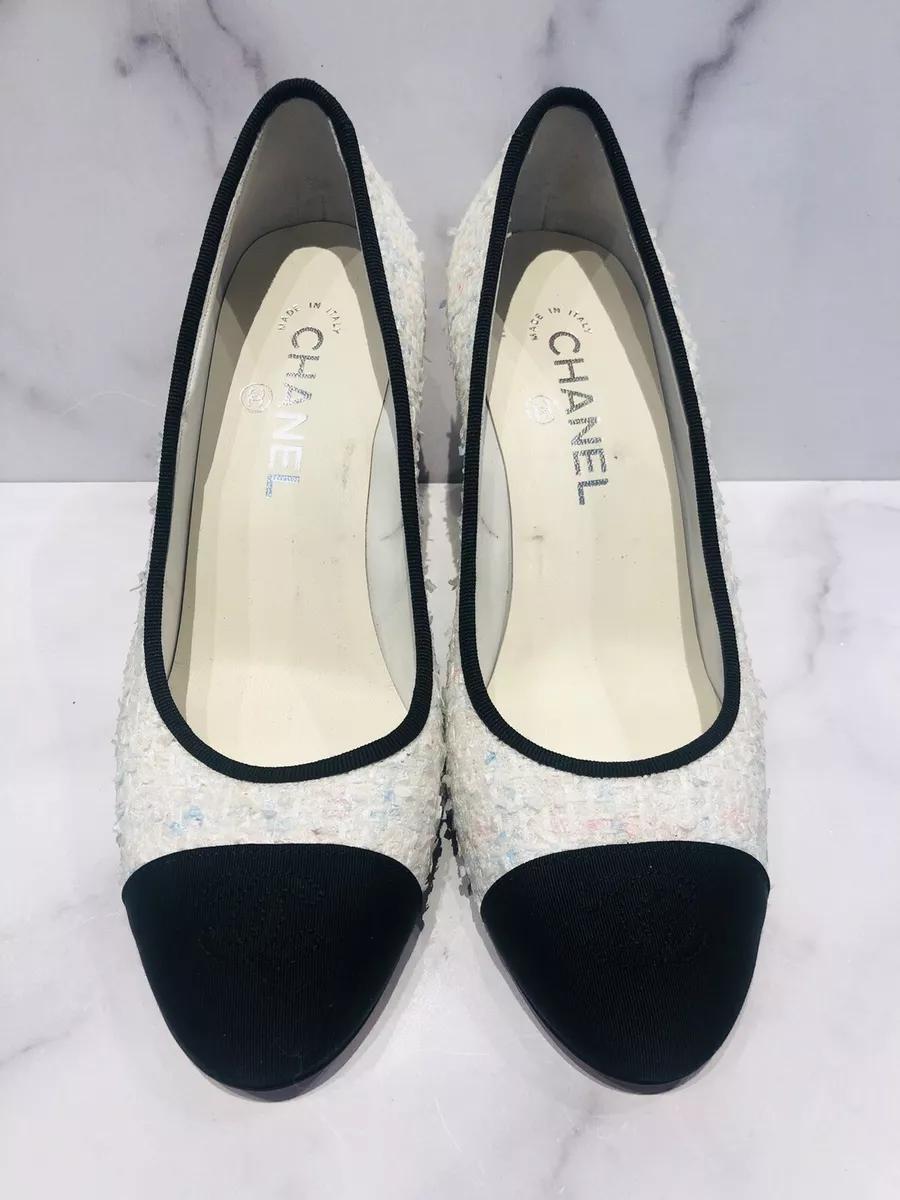 CHANEL Paris White Pink Blue Tweed Enamel Logo Cap Toe Women's Shoes eBay