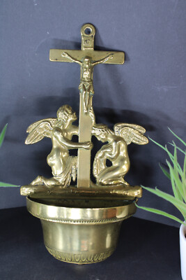 Antique french copper holy water font angels crucifix