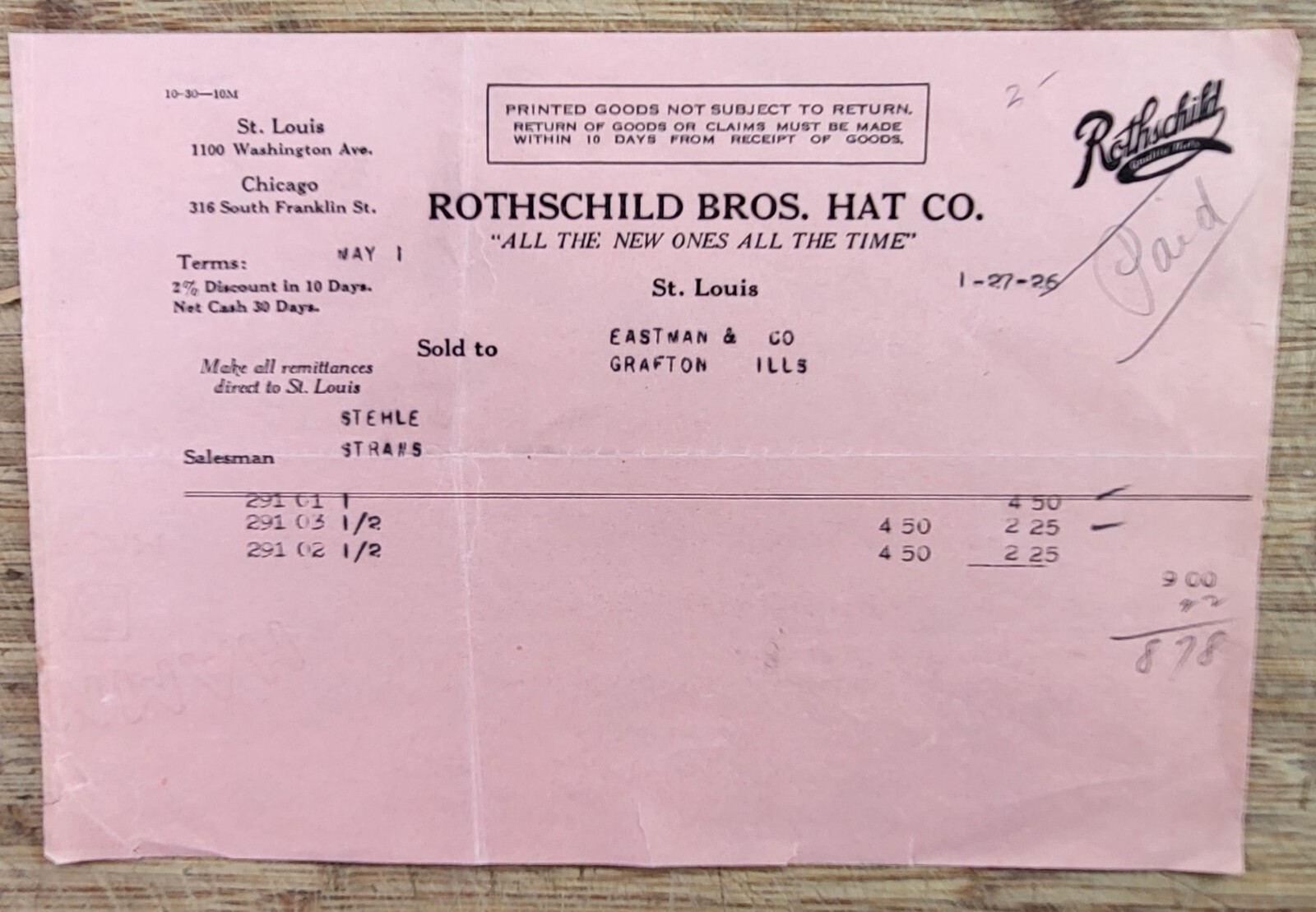 Letterhead Missouri 1926 St Louis Rothschild Brothers Hat Company eBay