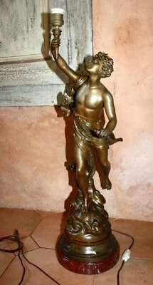 Statue régule lampe torchère Le Génie du Progrès Bruchon patine bronze h:84cm - Photo 1/4