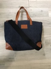 True Religion XL Made in USA Leather Canvas Blue Rinse Denim Tote Carry all Bag