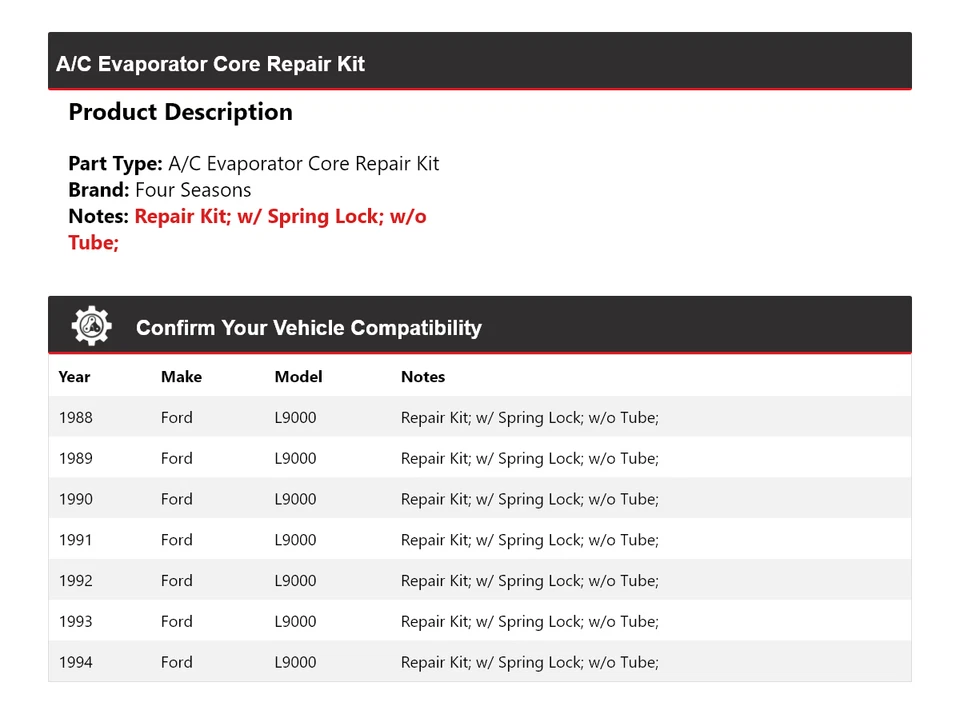 Kit de reparación de núcleo evaporador aire acondicionado Ford L9000 1988-1994 4 estaciones 1989 1990 1991 Foto 2 de 4