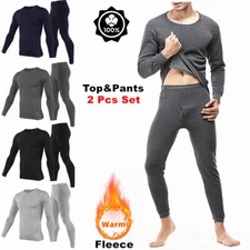 100% Cotton Men Winter Thermal Fleece Lined Long Johns Top Bottom Underwear Set