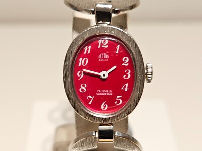 VINTAGE OVAL RED DIAL SWISS LADIES MECHANICAL WATCH BRACELET  display picture 1