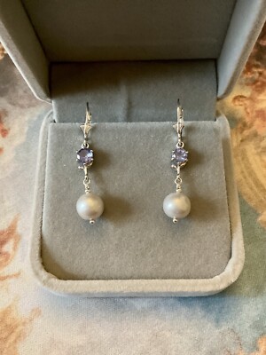 Boucles D'Oreilles Anciennes Argent Massif Avec Perle Grise Et Tanzanite - Occasion