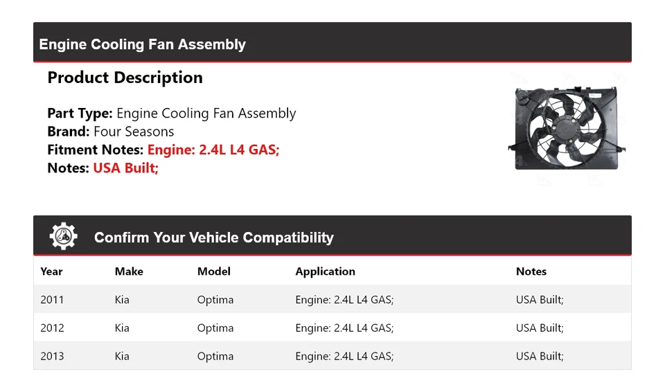 Conjunto de ventilador de refrigeración del motor de gas L4 de 2,4 L para Kia Optima 2011-2013 4 estaciones 2012 Foto 2 de 4