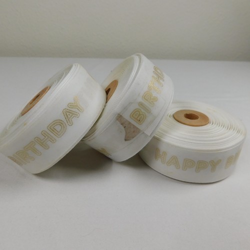 3 Spools 1" Wide White Ribbon with Gold Writing Happy Birthday All Caps FLAW - Picture 4 of 5