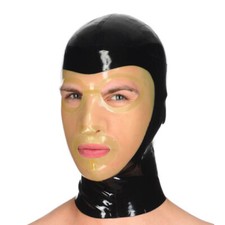 Latex Hood Rubber Mask Open Eyes and Mouth Back Zipper Black Spliced Transparent