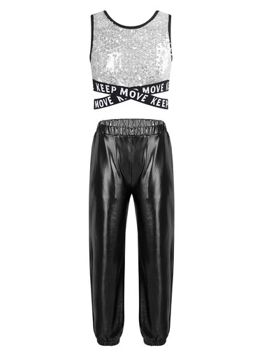 Kids Girls Tracksuit Sequins Hip Hop Criss-cross Crop Top With Pants Round Neck - Picture 47 of 68