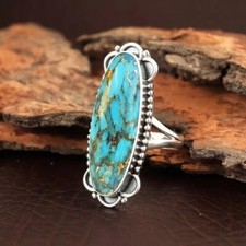 925 Sterling Silver Natural Blue Copper Turquoise Handmade Ring Women Jewelry