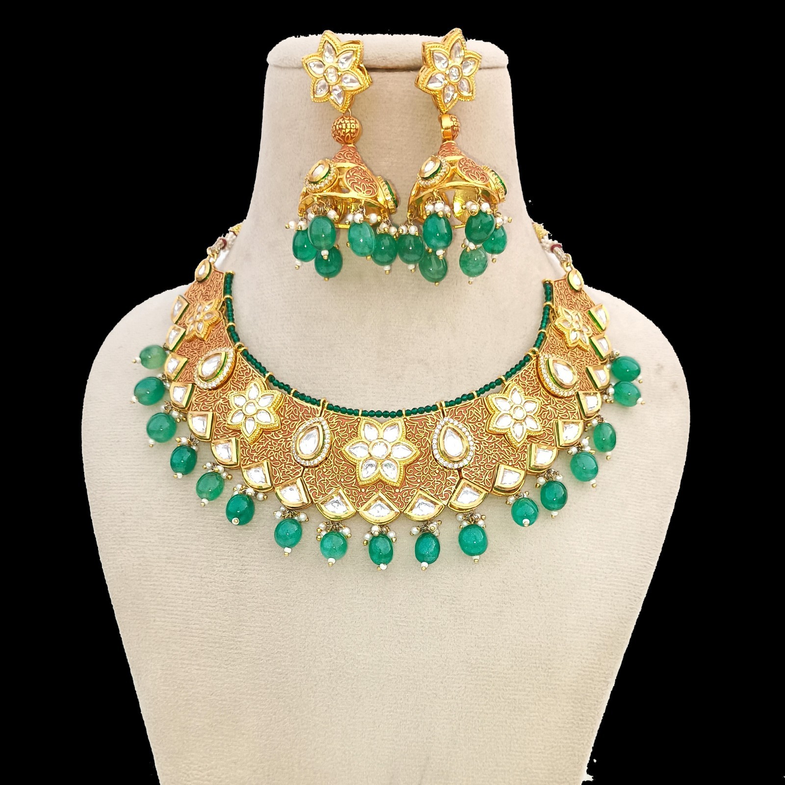 Victorian Emerald Polki Diamond Kundan Necklace Jhumka Set Indian Bridal Jewelry