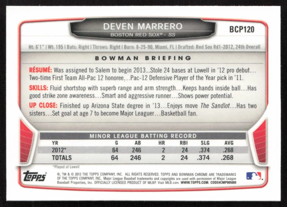 2013 Bowman Chrome Prospects Deven Marrero #BCP120 Boston Red Sox - Image 2 of 2
