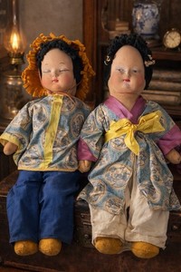 Vintage Asian Cloth Dolls Pair 19” Japanese Style Handmade Clothing Folk Art