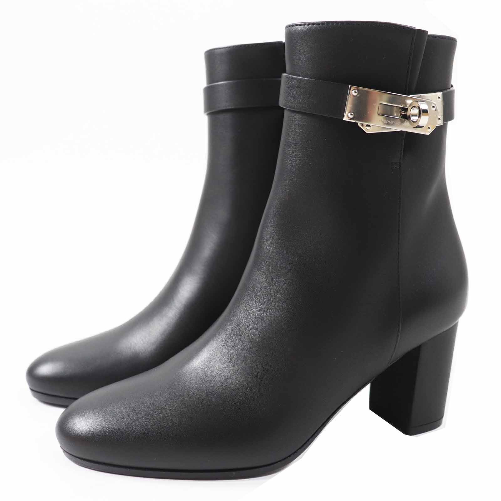 HERMES short boots Saint Germain Kelly Metal black leather Women 35