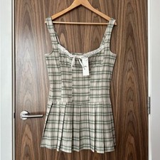 Kimchi Blue Green Check Lace Tie Trim Pleated Pinafore Mini Dress XL NEW �46