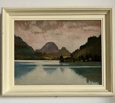 Dipinto Olio Vintage Lago di Lugano Italia | Arte Paesaggistica | Scena Montagna Incorniciata