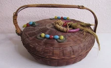 Vintage Chinese Wicker Bamboo Round Sewing Basket Glass Beads