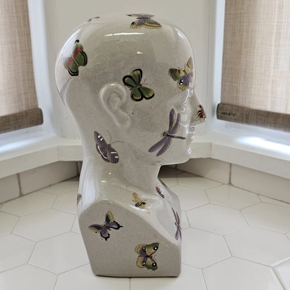 Cabeza de busto de frenología en estatua oculta y mágica decoración de mariposas de cerámica blanca Foto 3 de 4