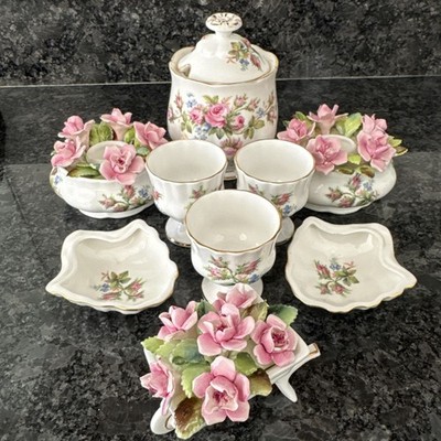 Royal Albert Moss Rose Marmeladentopf mit Deckel, Eierbecher, Kerzenhalter, Muschelschalen,