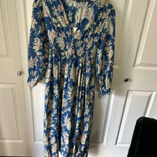 MILLE Ca Floral Long Sleeve Cotton Maxi Dress Blue Sz Small Cottagecore Pockets