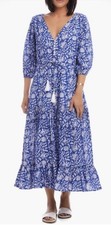 Karen Kane Cotton L Blue White Floral Tiered Maxi Dress V-Neck Tassel Drawstring