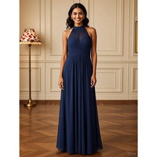 Azazie Bridesmaid Floor Length Dress Size 10 Navy Pleated Bodice Sheer High Neck