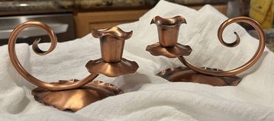 Gregorian Copper Candle Holders, Vintage Crimped Edge Swirl Handle