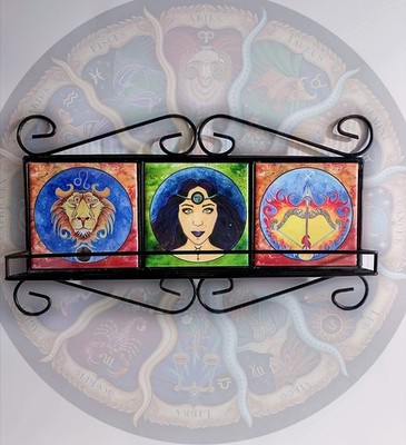 Vtg Celestial Moon Sun Stars Zodiac Leo Virgo Sagittarius Wall TaRot Art Shelf 
