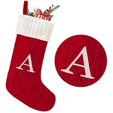 21 Inches Knitted Christmas Stockings with Initials, Large Custom Letter-A Red