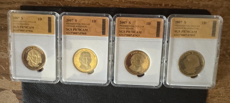 4- 2007-S Presidential Dollar's Adam's, Jefferson, Madison, & Washington.