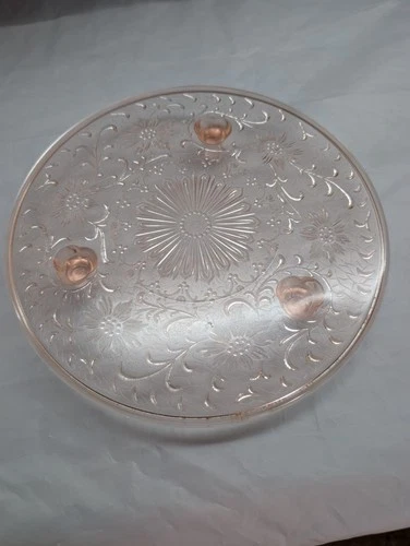 Vintage Pink Depression Glass Footed Cake Plate Shaggy Daisy by US Glass Co.