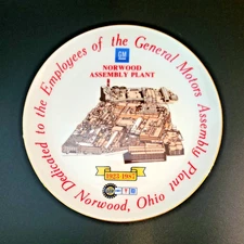 GM Norwood Ohio Assembly Plant Plate Dedicated to Employees 1923-1987 7.5" NICE!
