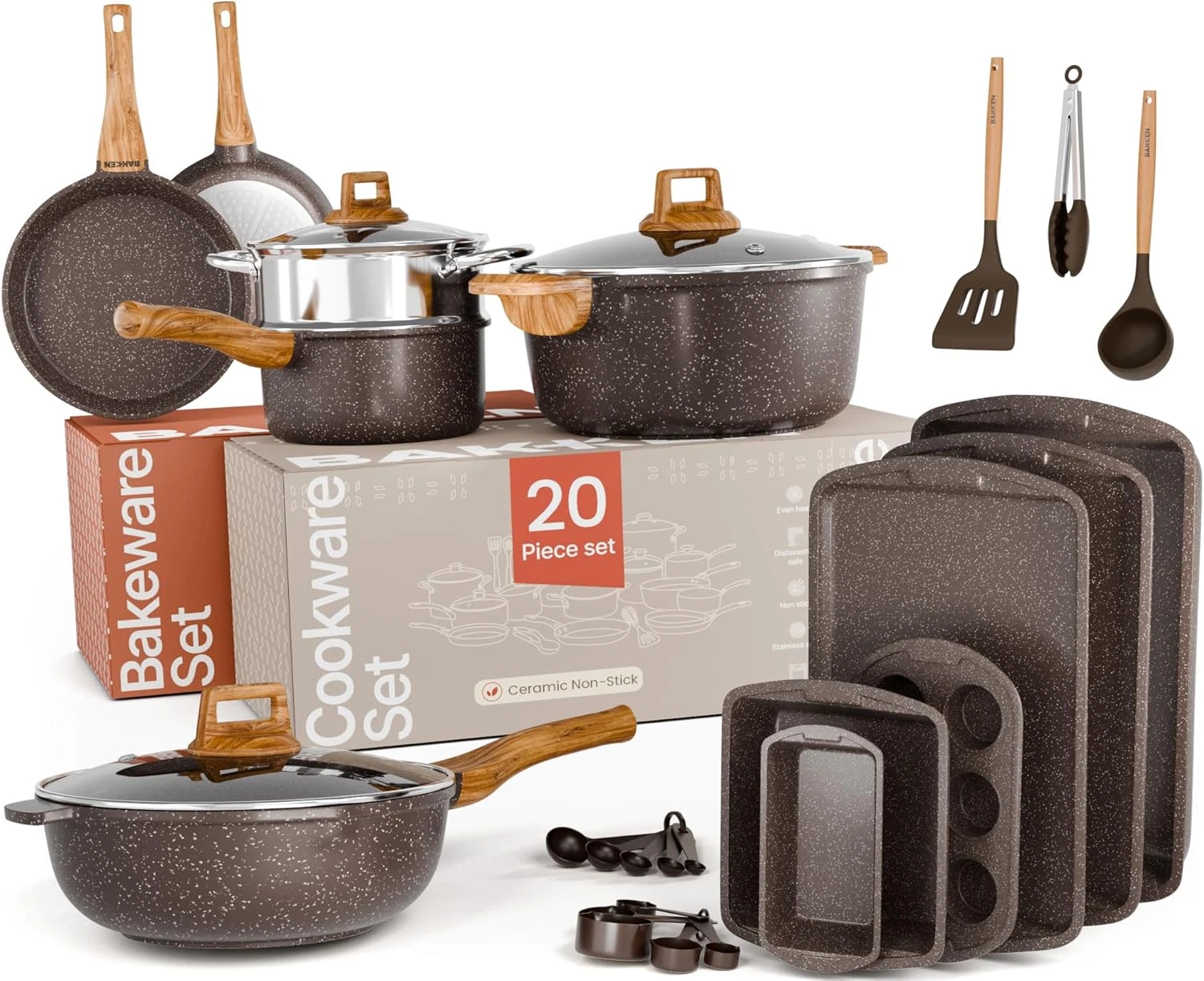 Bakken Master 20-Piece Cookware & Bakeware Set - Nonstick Granite, Brown Marble