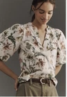 Anthropologie Womens V-Neck Puff Sleeve Popover Blouse Floral Print Size Large