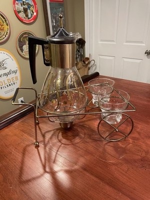 MCM Coffee Set Carafe Warming Stand Cart Creamer Sugar Glass Atomic Vintage