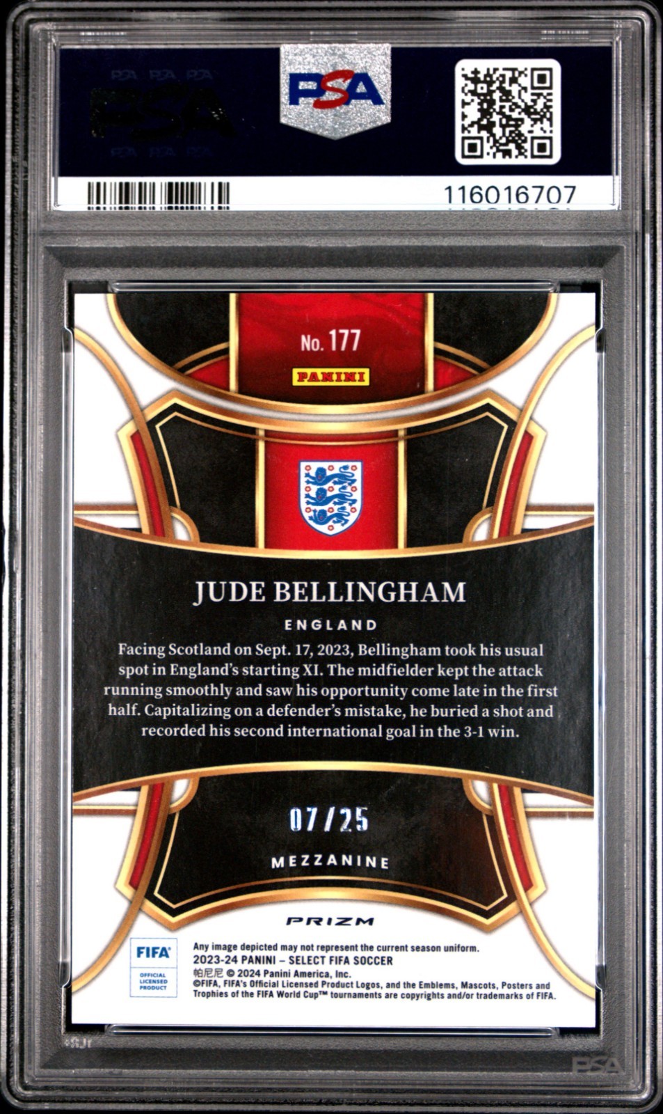 2023 Select FIFA Jude Bellingham Zebra Prizm /25 England SSP World Cup Case Hit view 3