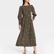 Who What Wear Olive Green Pink Leopard Print Maxi Dress Puff Sleeve Size M