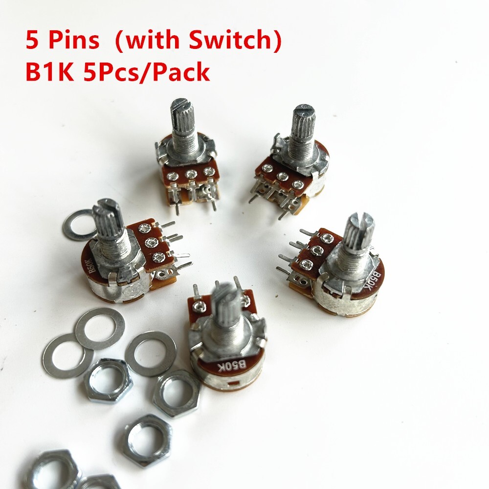 5Pcs B1K 1K WH148 5 Pins Potentiometer with Switch Shaft 15mm 5