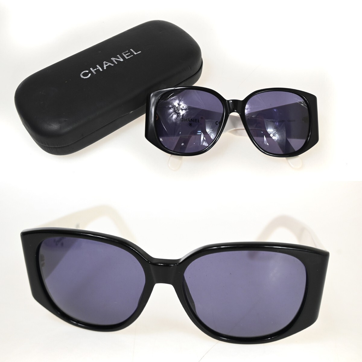 CHANEL CC Logo Sunglasses Eye Wear Plastic Black White 05251 CHANEL CC Logo Sunglasses Eye Wear Plastic Black White 05251