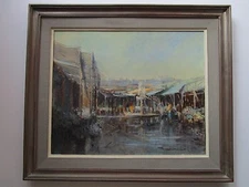 1960'S POST IMPRESSIONISM STREET SCENE MARKET CITY SIGNED MYSTERY ARTIST VINTAGE