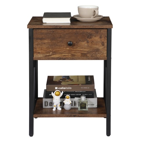 Set of 2 Brown End Table Nightstand Storage Shelf with Drawer for Living Room - Picture 22 of 24
