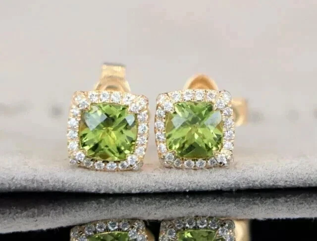 2.10Ct Cushion Cut Lab Created Peridot Halo Stud Earrings 14K Yellow Gold Plated - Image 3 of 4