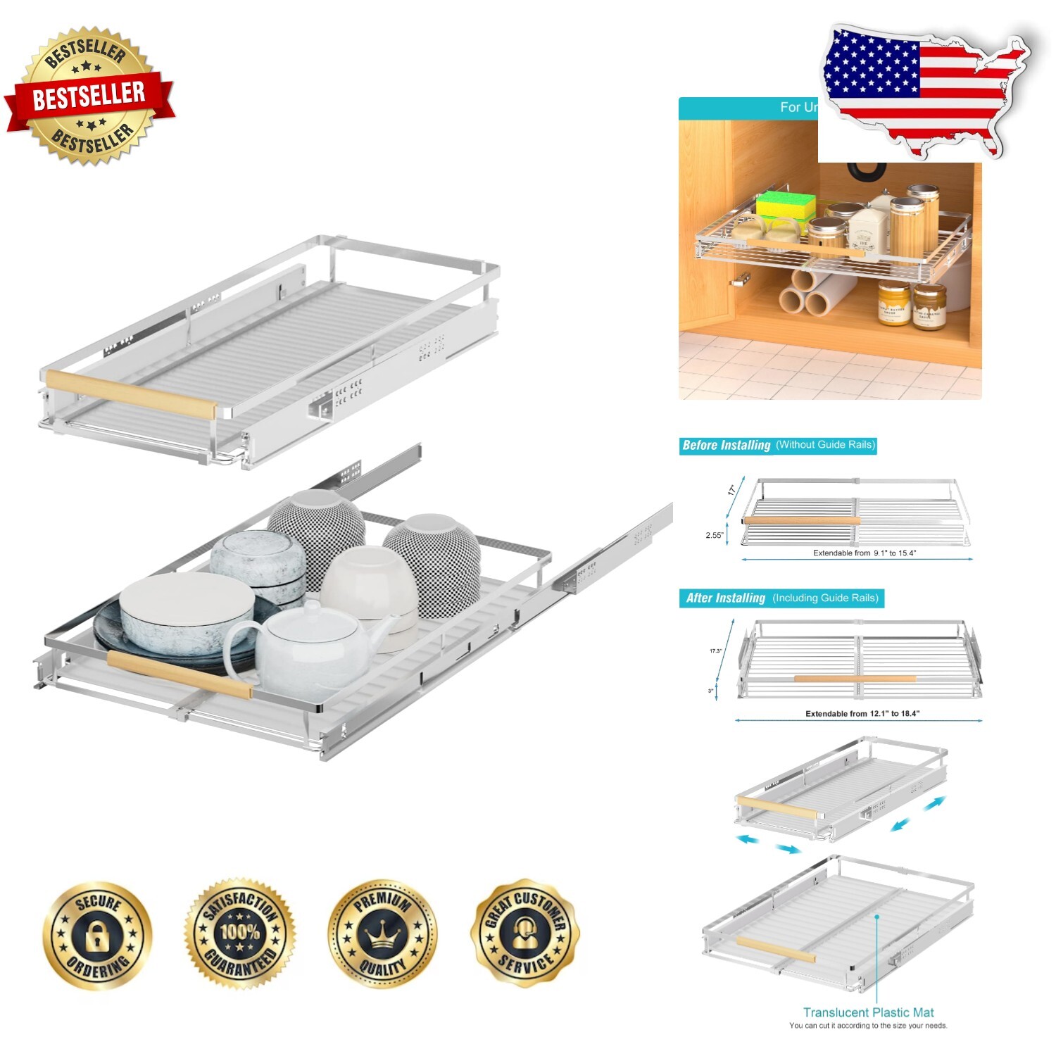 Heavy-Duty Pull Out Cabinet Shelf Organizer with Smooth Glide - 11.8 - 18
