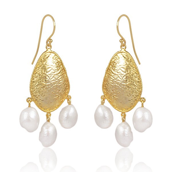 Silver Texture Gold Plated Traditional Multi Dangling Mother of Pearl  Earrings