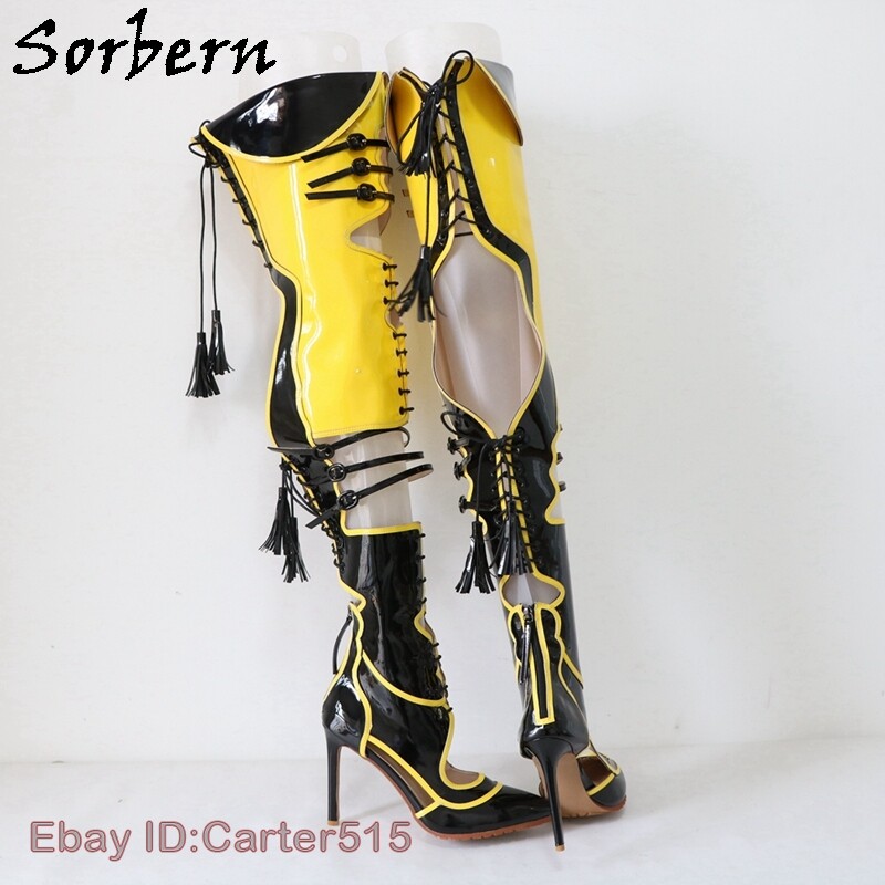 Sexy Yellow Black Boots Women Over The Knee Lace Up Back Contrast